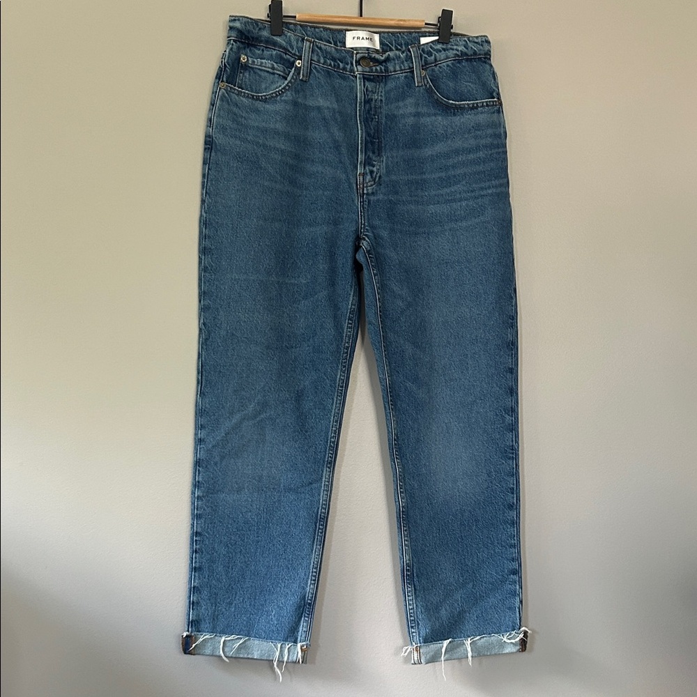 FRAME‎ Le Mec High Rise Straight Leg Jeans Raw Hem Size 29 Blue.